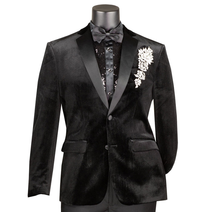 VINCI Men's Black Slim Fit Velvet Tuxedo Suit with Sateen Lapel & Trim - NEW. Features a sleek velvet jacket with sateen notch lapel and flat-front pants for tailored fit. A polished look for weddings, galas, and special occasions. Available at Fashion House Inc. (FH Menswear)