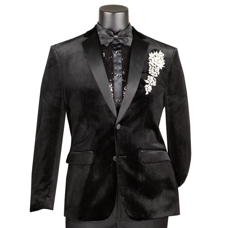 VINCI Men's Black Slim Fit Velvet Tuxedo Suit with Sateen Lapel & Trim - NEW. Features a sleek velvet jacket with sateen notch lapel and flat-front pants for tailored fit. A polished look for weddings, galas, and special occasions. Available at Fashion House Inc. (FH Menswear)