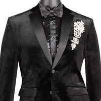 VINCI Men's Black Slim Fit Velvet Tuxedo Suit with Sateen Lapel & Trim - NEW. Features a sleek velvet jacket with sateen notch lapel and flat-front pants for tailored fit. A polished look for weddings, galas, and special occasions. Available at Fashion House Inc. (FH Menswear)