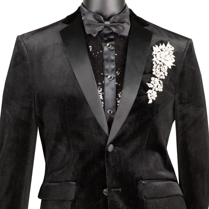 VINCI Men's Black Slim Fit Velvet Tuxedo Suit with Sateen Lapel & Trim - NEW. Features a sleek velvet jacket with sateen notch lapel and flat-front pants for tailored fit. A polished look for weddings, galas, and special occasions. Available at Fashion House Inc. (FH Menswear)