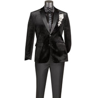 VINCI Men's Black Slim Fit Velvet Tuxedo Suit with Sateen Lapel & Trim - NEW. Features a sleek velvet jacket with sateen notch lapel and flat-front pants for tailored fit. A polished look for weddings, galas, and special occasions. Available at Fashion House Inc. (FH Menswear)