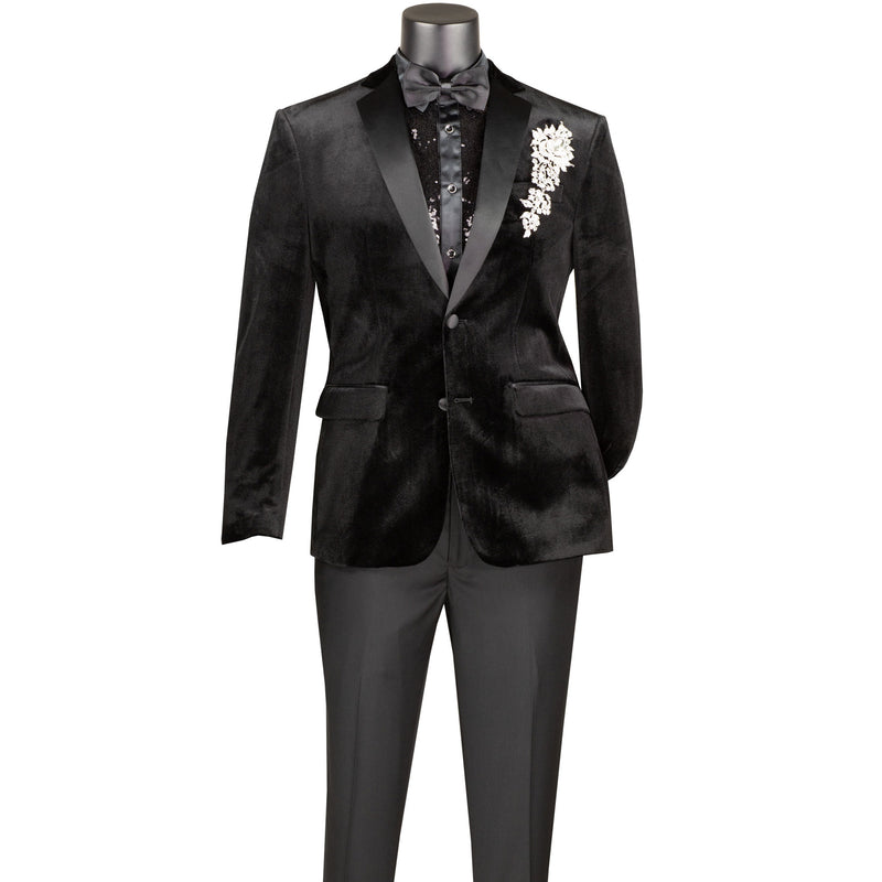 VINCI Men's Black Slim Fit Velvet Tuxedo Suit with Sateen Lapel & Trim - NEW. Features a sleek velvet jacket with sateen notch lapel and flat-front pants for tailored fit. A polished look for weddings, galas, and special occasions. Available at Fashion House Inc. (FH Menswear)