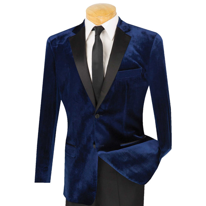 VINCI Men's Navy Blue Slim Fit Velvet Tuxedo Suit with Sateen Lapel & Trim - NEW. Features a sleek velvet jacket with sateen notch lapel and flat-front pants for tailored fit. A polished look for weddings, galas, and special occasions. Available at Fashion House Inc. (FH Menswear)