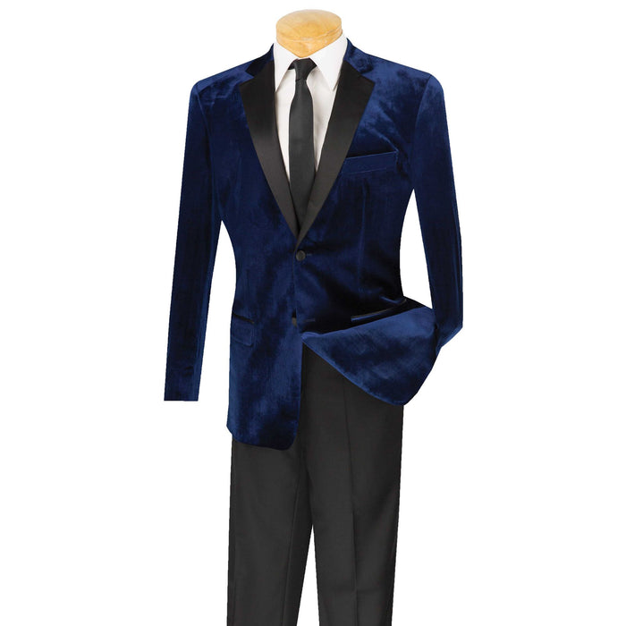 VINCI Men's Navy Blue Slim Fit Velvet Tuxedo Suit with Sateen Lapel & Trim - NEW. Features a sleek velvet jacket with sateen notch lapel and flat-front pants for tailored fit. A polished look for weddings, galas, and special occasions. Available at Fashion House Inc. (FH Menswear)