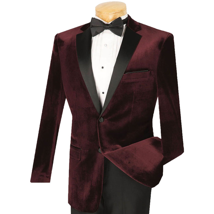 VINCI Men's Burgundy Slim Fit Velvet Tuxedo Suit with Sateen Lapel & Trim - NEW. Features a sleek velvet jacket with sateen notch lapel and flat-front pants for tailored fit. A polished look for weddings, galas, and special occasions. Available at Fashion House Inc. (FH Menswear)