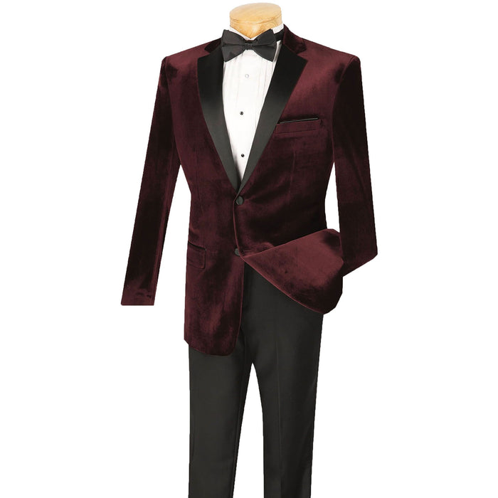 VINCI Men's Burgundy Slim Fit Velvet Tuxedo Suit with Sateen Lapel & Trim - NEW. Features a sleek velvet jacket with sateen notch lapel and flat-front pants for tailored fit. A polished look for weddings, galas, and special occasions. Available at Fashion House Inc. (FH Menswear)