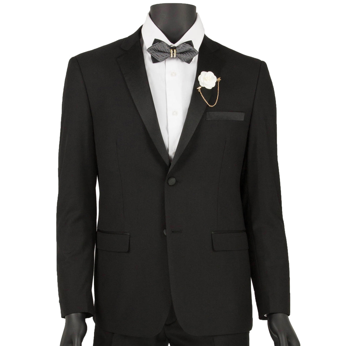VINCI Men's Black 2-Button Skinny-Fit Tuxedo - NEW. Tailored in an ultra-slim silhouette with a classic sateen notch lapel jacket and flat-front pants for exact custom tailoring. Ideal for black-tie occasions, offering timeless elegance and a polished look. Available at Fashion House Inc. (FH Menswear)