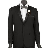 VINCI Men's Black 2-Button Skinny-Fit Tuxedo - NEW. Tailored in an ultra-slim silhouette with a classic sateen notch lapel jacket and flat-front pants for exact custom tailoring. Ideal for black-tie occasions, offering timeless elegance and a polished look. Available at Fashion House Inc. (FH Menswear)