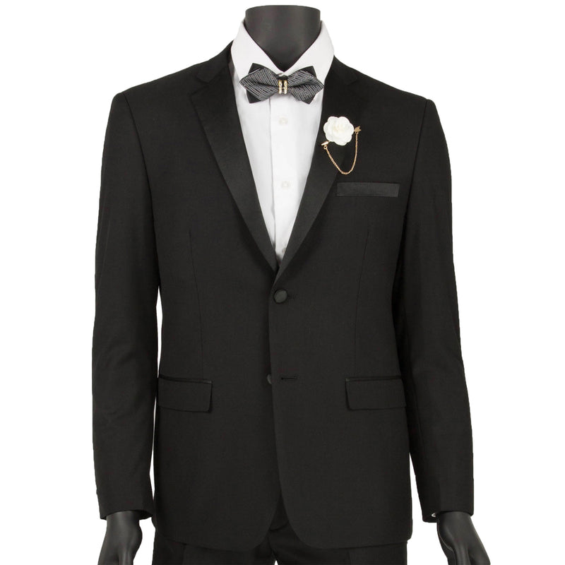 VINCI Men's Black 2-Button Skinny-Fit Tuxedo - NEW. Tailored in an ultra-slim silhouette with a classic sateen notch lapel jacket and flat-front pants for exact custom tailoring. Ideal for black-tie occasions, offering timeless elegance and a polished look. Available at Fashion House Inc. (FH Menswear)