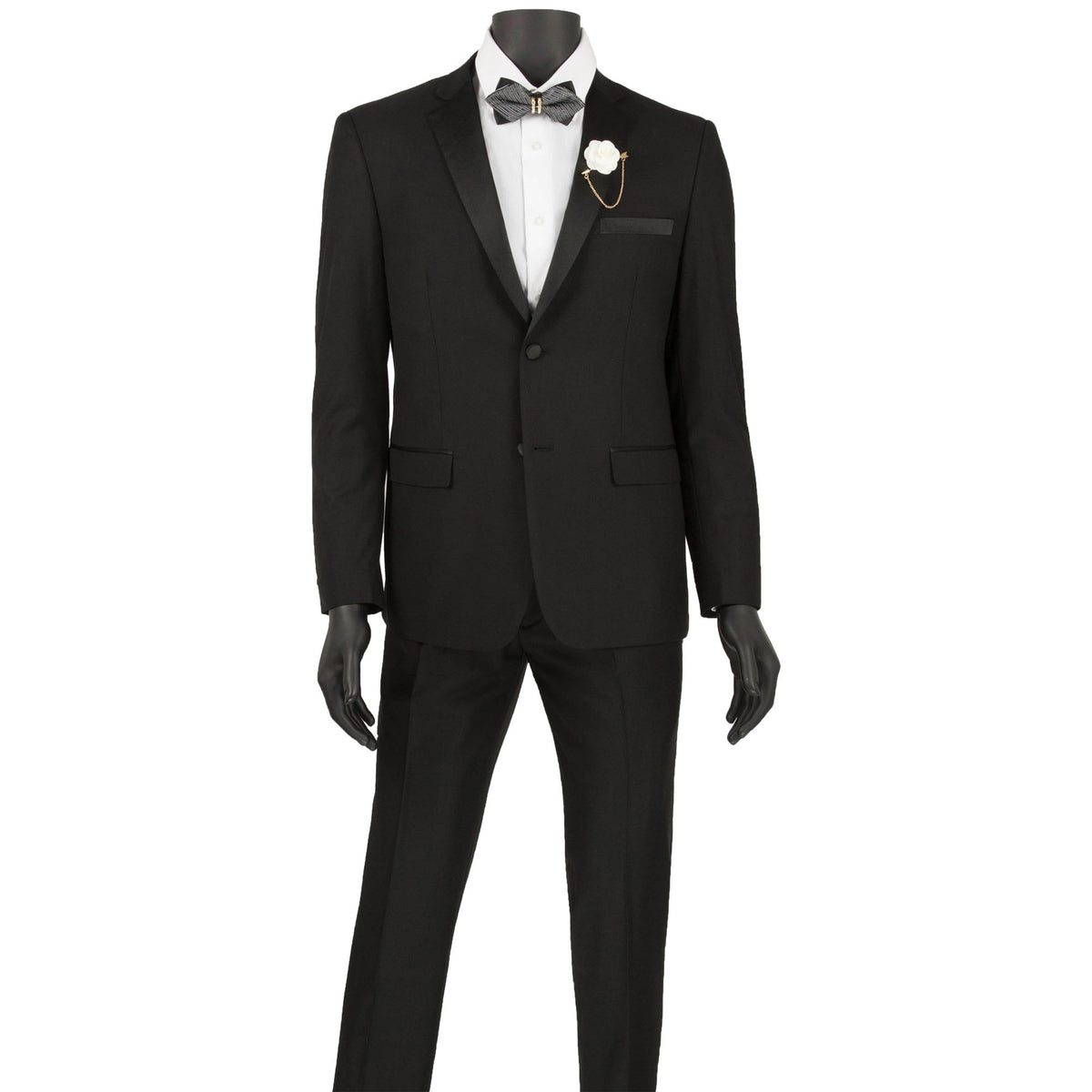 VINCI Men's Black 2-Button Skinny-Fit Tuxedo - NEW. Tailored in an ultra-slim silhouette with a classic sateen notch lapel jacket and flat-front pants for exact custom tailoring. Ideal for black-tie occasions, offering timeless elegance and a polished look. Available at Fashion House Inc. (FH Menswear)