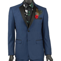 VINCI Men's Blue 2-Button Skinny-Fit Tuxedo - NEW. Tailored in an ultra-slim silhouette with a classic sateen notch lapel jacket and flat-front pants for exact custom tailoring. Ideal for black-tie occasions, offering timeless elegance and a polished look. Available at Fashion House Inc. (FH Menswear)