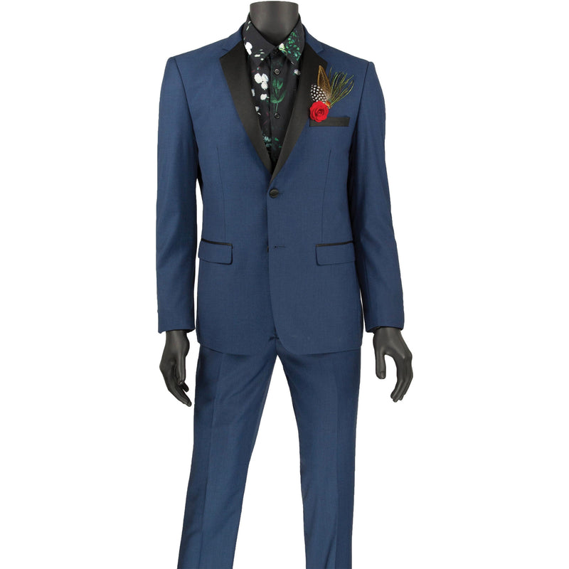 VINCI Men's Blue 2-Button Skinny-Fit Tuxedo - NEW. Tailored in an ultra-slim silhouette with a classic sateen notch lapel jacket and flat-front pants for exact custom tailoring. Ideal for black-tie occasions, offering timeless elegance and a polished look. Available at Fashion House Inc. (FH Menswear)