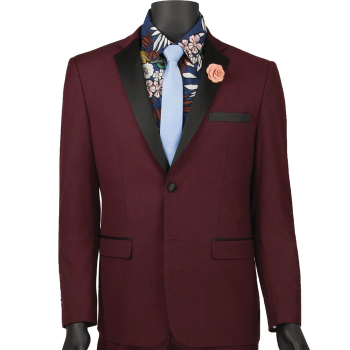 *image of our Skinny-Fit Burgundy Tuxedo on a mannequin