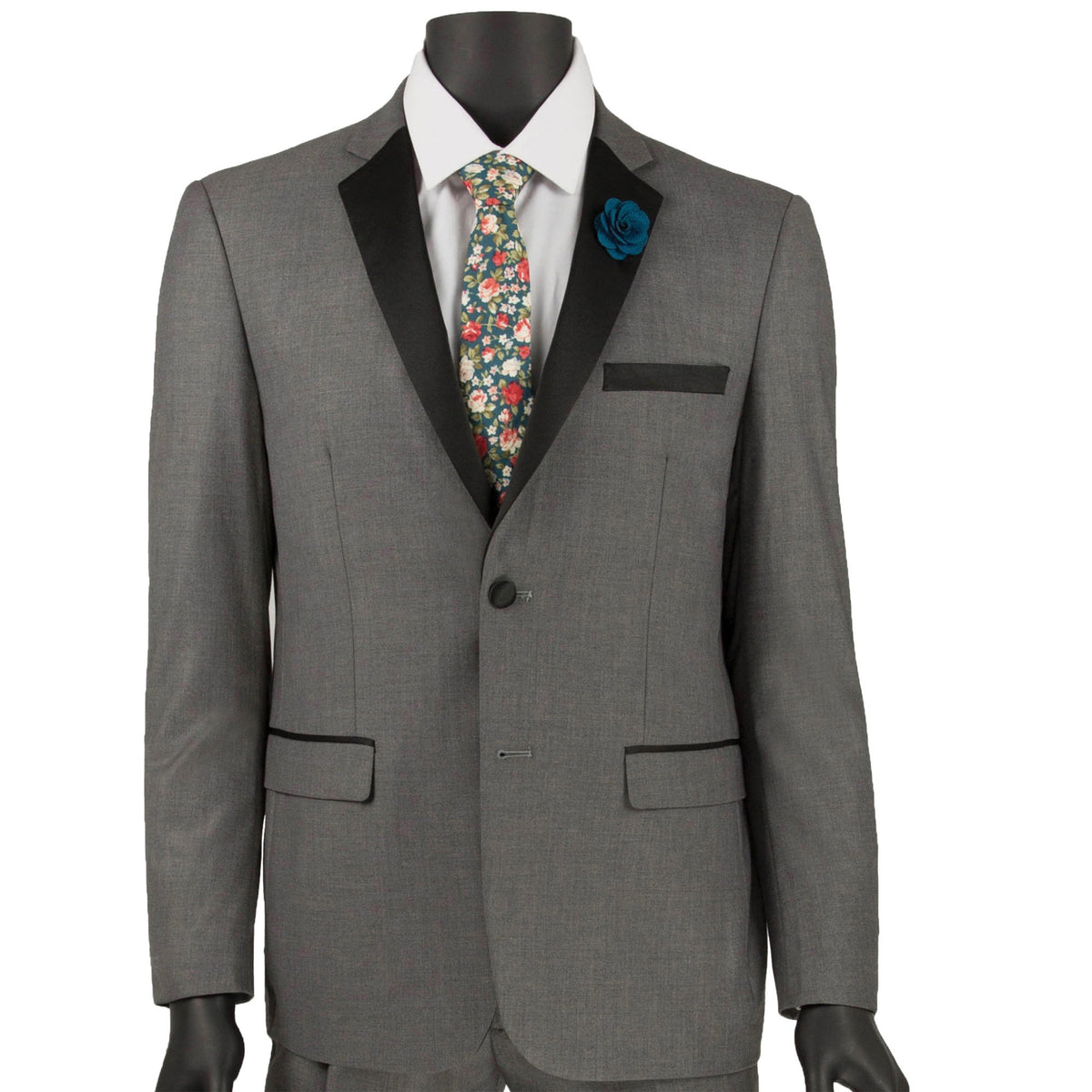 VINCI Men's Gray 2-Button Skinny-Fit Tuxedo - NEW. Tailored in an ultra-slim silhouette with a classic sateen notch lapel jacket and flat-front pants for exact custom tailoring. Ideal for black-tie occasions, offering timeless elegance and a polished look. Available at Fashion House Inc. (FH Menswear)
