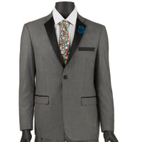 VINCI Men's Gray 2-Button Skinny-Fit Tuxedo - NEW. Tailored in an ultra-slim silhouette with a classic sateen notch lapel jacket and flat-front pants for exact custom tailoring. Ideal for black-tie occasions, offering timeless elegance and a polished look. Available at Fashion House Inc. (FH Menswear)