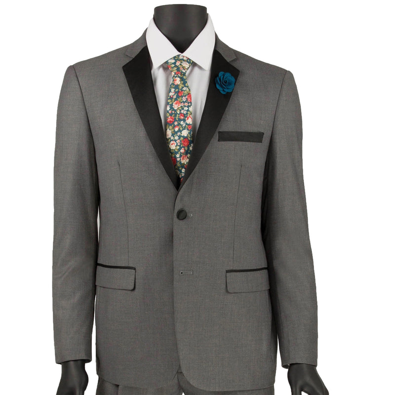 VINCI Men's Gray 2-Button Skinny-Fit Tuxedo - NEW. Tailored in an ultra-slim silhouette with a classic sateen notch lapel jacket and flat-front pants for exact custom tailoring. Ideal for black-tie occasions, offering timeless elegance and a polished look. Available at Fashion House Inc. (FH Menswear)