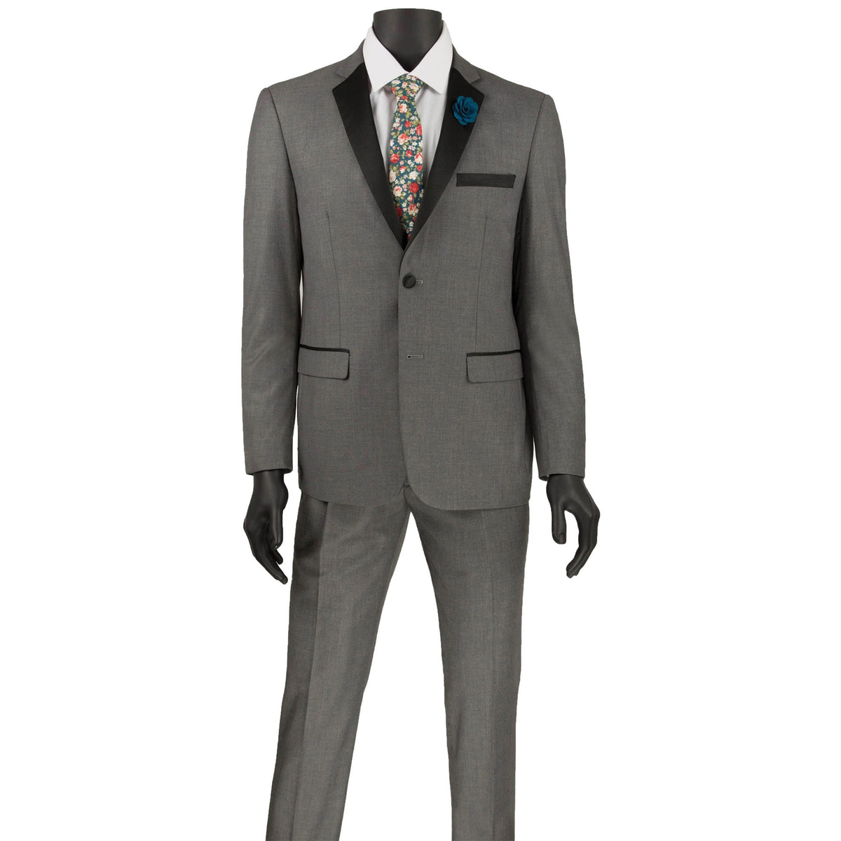 VINCI Men's Gray 2-Button Skinny-Fit Tuxedo - NEW. Tailored in an ultra-slim silhouette with a classic sateen notch lapel jacket and flat-front pants for exact custom tailoring. Ideal for black-tie occasions, offering timeless elegance and a polished look. Available at Fashion House Inc. (FH Menswear)