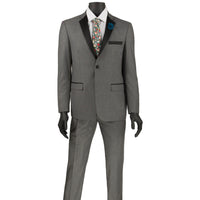 VINCI Men's Gray 2-Button Skinny-Fit Tuxedo - NEW. Tailored in an ultra-slim silhouette with a classic sateen notch lapel jacket and flat-front pants for exact custom tailoring. Ideal for black-tie occasions, offering timeless elegance and a polished look. Available at Fashion House Inc. (FH Menswear)