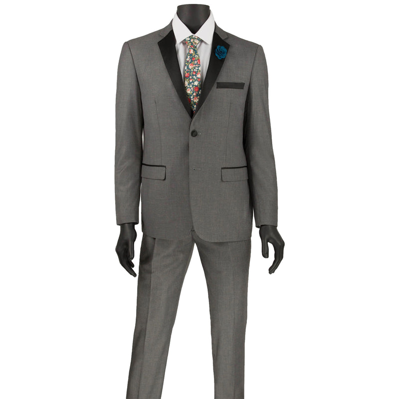 VINCI Men's Gray 2-Button Skinny-Fit Tuxedo - NEW. Tailored in an ultra-slim silhouette with a classic sateen notch lapel jacket and flat-front pants for exact custom tailoring. Ideal for black-tie occasions, offering timeless elegance and a polished look. Available at Fashion House Inc. (FH Menswear)