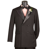 VINCI Men's Black Double Breasted Regular Fit Tuxedo with Flexible Waistband NEW. Features an oversized wide sateen peak lapel, premium fancy lining, built in pocket square, and flat front pants with flexible comfort waistband, sateen side stripe, and unfinished hems for custom tailoring. Includes a matching bow tie. A classic men's Black tuxedo for weddings, proms, galas, black tie events, and formal occasions. Available at Fashion House Inc. (FH Menswear, Style #TDB-900)