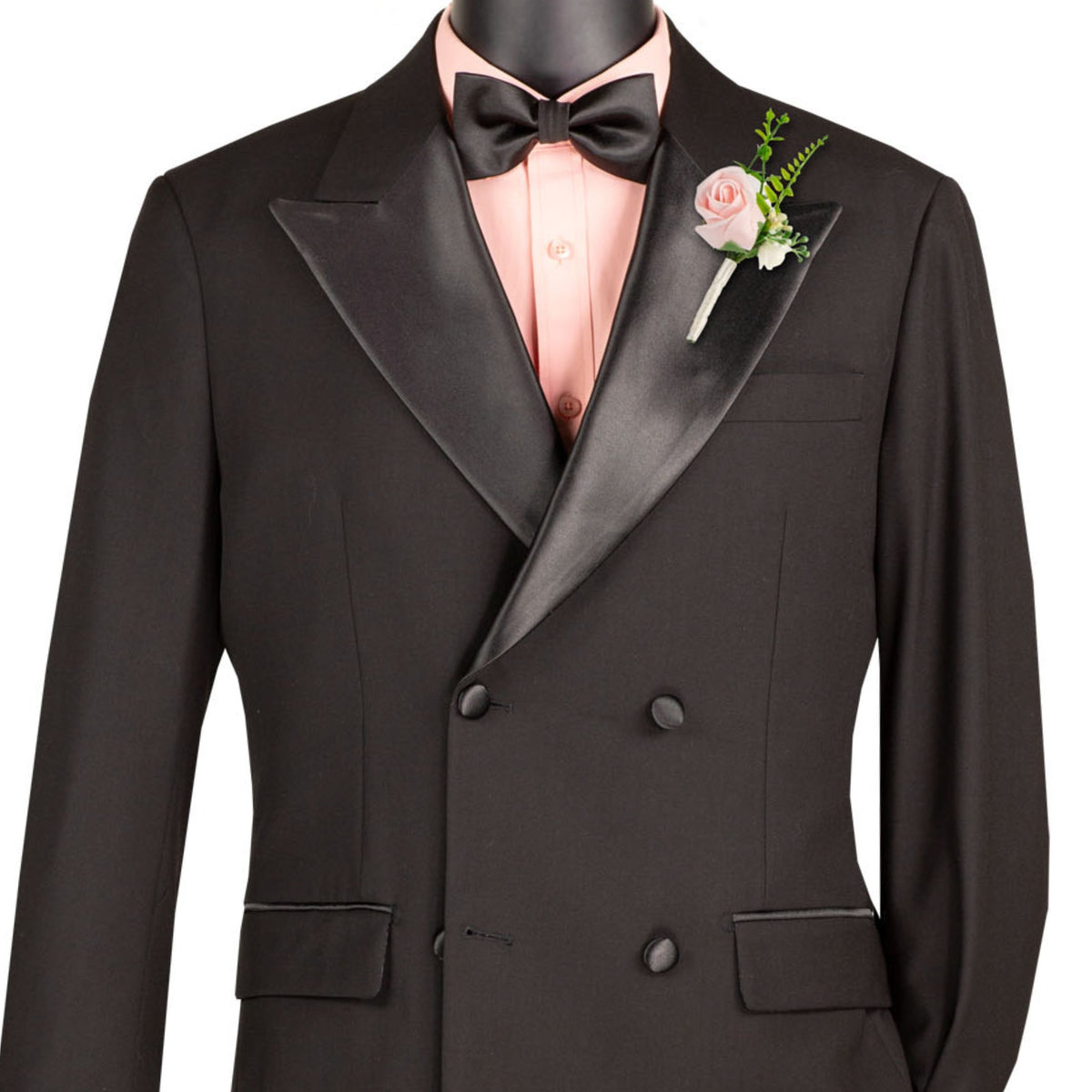 VINCI Men's Black Double Breasted Regular Fit Tuxedo with Flexible Waistband NEW. Features an oversized wide sateen peak lapel, premium fancy lining, built in pocket square, and flat front pants with flexible comfort waistband, sateen side stripe, and unfinished hems for custom tailoring. Includes a matching bow tie. A classic men's Black tuxedo for weddings, proms, galas, black tie events, and formal occasions. Available at Fashion House Inc. (FH Menswear, Style #TDB-900)