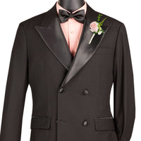 VINCI Men's Black Double Breasted Regular Fit Tuxedo with Flexible Waistband NEW. Features an oversized wide sateen peak lapel, premium fancy lining, built in pocket square, and flat front pants with flexible comfort waistband, sateen side stripe, and unfinished hems for custom tailoring. Includes a matching bow tie. A classic men's Black tuxedo for weddings, proms, galas, black tie events, and formal occasions. Available at Fashion House Inc. (FH Menswear, Style #TDB-900)