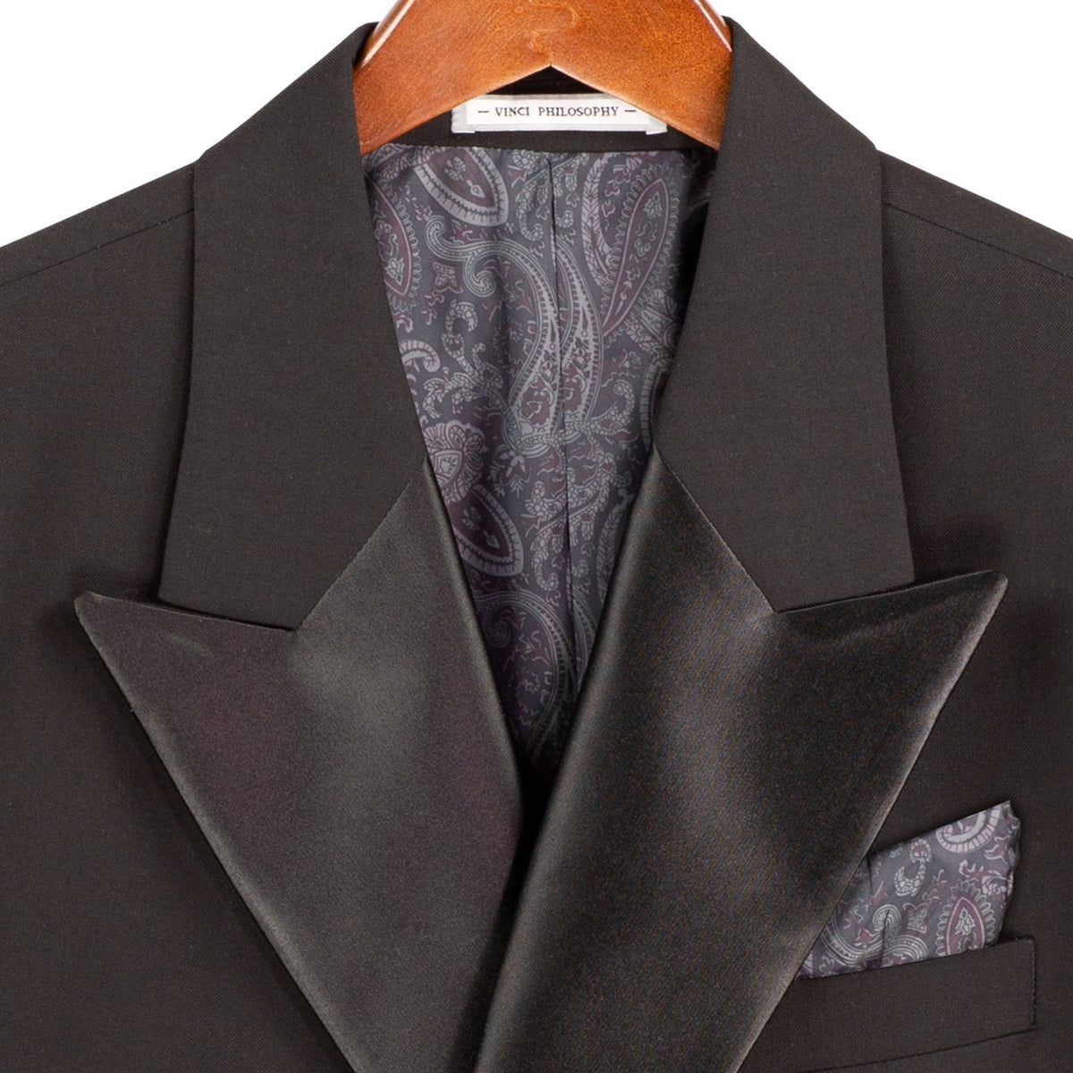 VINCI Men's Black Double Breasted Regular Fit Tuxedo with Flexible Waistband NEW. Features an oversized wide sateen peak lapel, premium fancy lining, built in pocket square, and flat front pants with flexible comfort waistband, sateen side stripe, and unfinished hems for custom tailoring. Includes a matching bow tie. A classic men's Black tuxedo for weddings, proms, galas, black tie events, and formal occasions. Available at Fashion House Inc. (FH Menswear, Style #TDB-900)