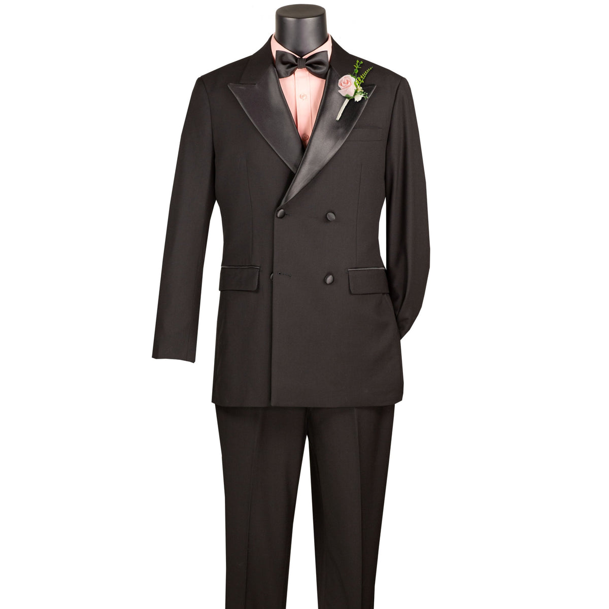 VINCI Men's Black Double Breasted Regular Fit Tuxedo with Flexible Waistband NEW. Features an oversized wide sateen peak lapel, premium fancy lining, built in pocket square, and flat front pants with flexible comfort waistband, sateen side stripe, and unfinished hems for custom tailoring. Includes a matching bow tie. A classic men's Black tuxedo for weddings, proms, galas, black tie events, and formal occasions. Available at Fashion House Inc. (FH Menswear, Style #TDB-900)