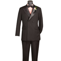 VINCI Men's Black Double Breasted Regular Fit Tuxedo with Flexible Waistband NEW. Features an oversized wide sateen peak lapel, premium fancy lining, built in pocket square, and flat front pants with flexible comfort waistband, sateen side stripe, and unfinished hems for custom tailoring. Includes a matching bow tie. A classic men's Black tuxedo for weddings, proms, galas, black tie events, and formal occasions. Available at Fashion House Inc. (FH Menswear, Style #TDB-900)