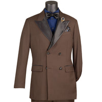 VINCI Men's Brown Double Breasted Regular Fit Tuxedo with Flexible Waistband NEW. Features an oversized wide sateen peak lapel, premium fancy lining, built in pocket square, and flat front pants with flexible comfort waistband, sateen side stripe, and unfinished hems for custom tailoring. Includes a matching bow tie. A classic men's Brown tuxedo for weddings, proms, galas, black tie events, and formal occasions. Available at Fashion House Inc. (FH Menswear, Style #TDB-900)