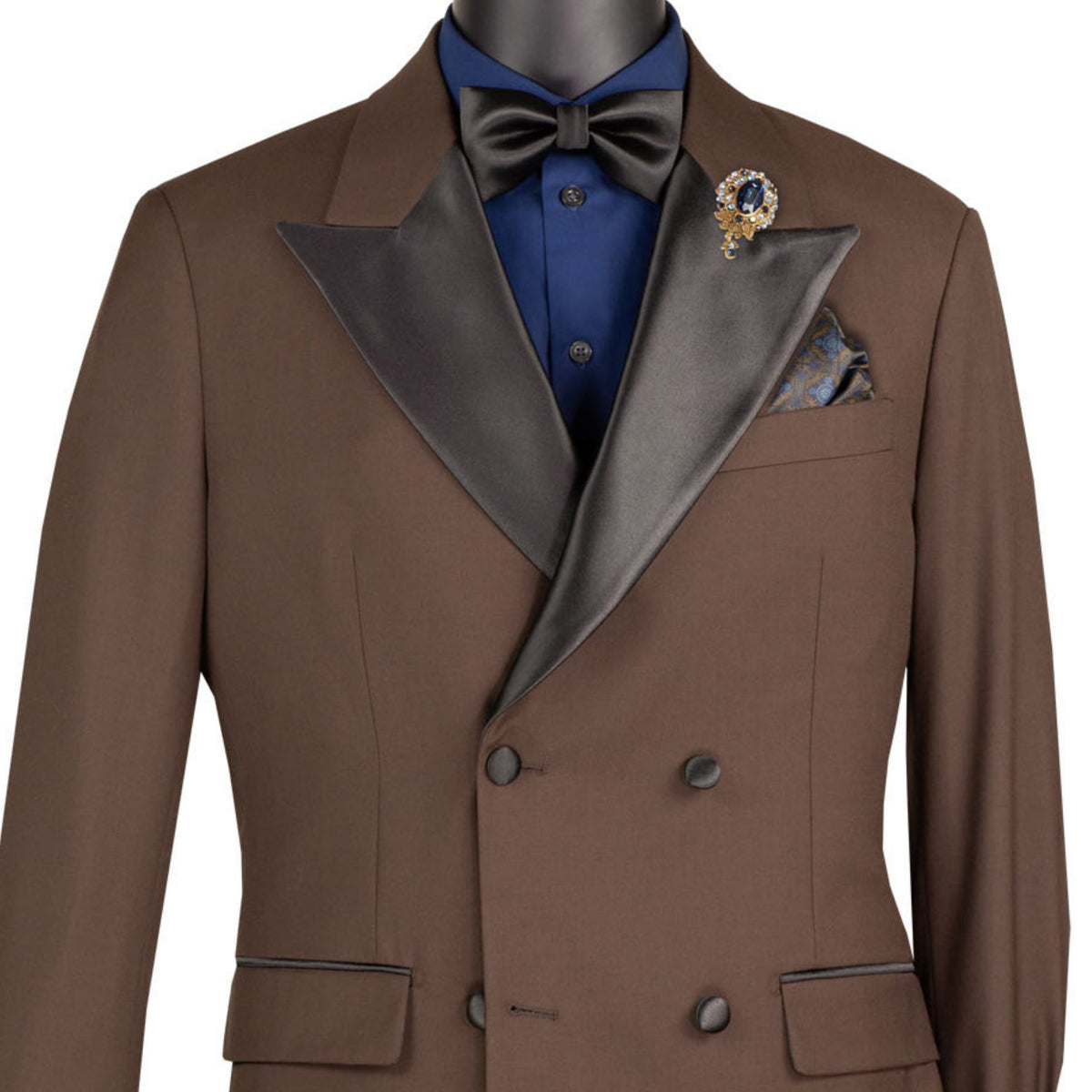 VINCI Men's Brown Double Breasted Regular Fit Tuxedo with Flexible Waistband NEW. Features an oversized wide sateen peak lapel, premium fancy lining, built in pocket square, and flat front pants with flexible comfort waistband, sateen side stripe, and unfinished hems for custom tailoring. Includes a matching bow tie. A classic men's Brown tuxedo for weddings, proms, galas, black tie events, and formal occasions. Available at Fashion House Inc. (FH Menswear, Style #TDB-900)