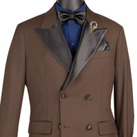 VINCI Men's Brown Double Breasted Regular Fit Tuxedo with Flexible Waistband NEW. Features an oversized wide sateen peak lapel, premium fancy lining, built in pocket square, and flat front pants with flexible comfort waistband, sateen side stripe, and unfinished hems for custom tailoring. Includes a matching bow tie. A classic men's Brown tuxedo for weddings, proms, galas, black tie events, and formal occasions. Available at Fashion House Inc. (FH Menswear, Style #TDB-900)