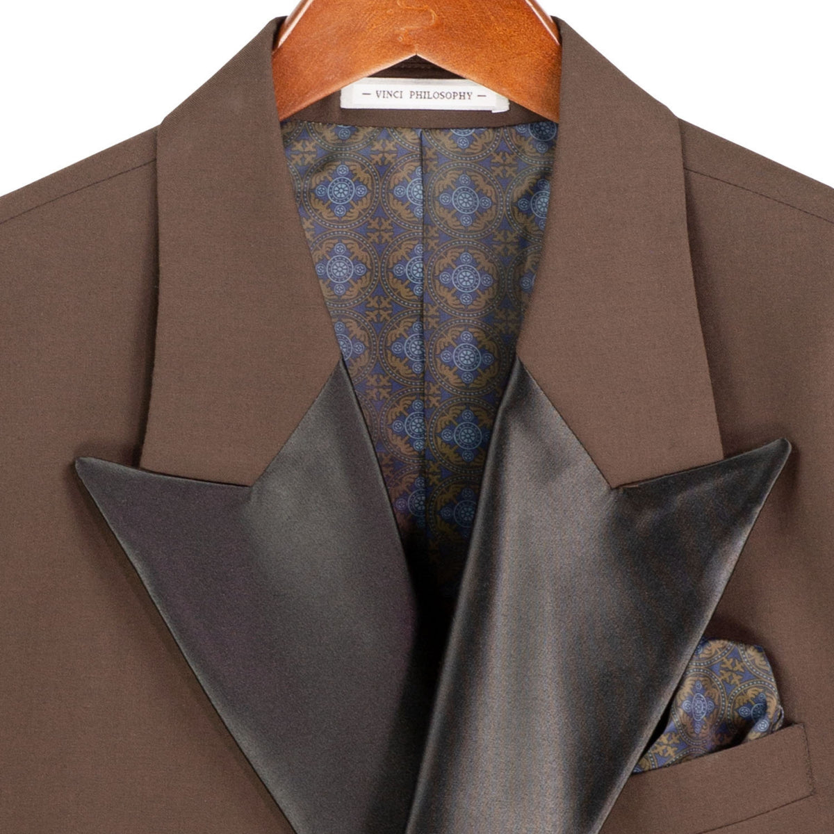 VINCI Men's Brown Double Breasted Regular Fit Tuxedo with Flexible Waistband NEW. Features an oversized wide sateen peak lapel, premium fancy lining, built in pocket square, and flat front pants with flexible comfort waistband, sateen side stripe, and unfinished hems for custom tailoring. Includes a matching bow tie. A classic men's Brown tuxedo for weddings, proms, galas, black tie events, and formal occasions. Available at Fashion House Inc. (FH Menswear, Style #TDB-900)