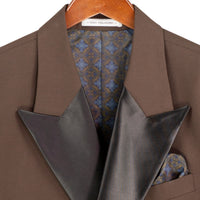 VINCI Men's Brown Double Breasted Regular Fit Tuxedo with Flexible Waistband NEW. Features an oversized wide sateen peak lapel, premium fancy lining, built in pocket square, and flat front pants with flexible comfort waistband, sateen side stripe, and unfinished hems for custom tailoring. Includes a matching bow tie. A classic men's Brown tuxedo for weddings, proms, galas, black tie events, and formal occasions. Available at Fashion House Inc. (FH Menswear, Style #TDB-900)