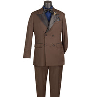 VINCI Men's Brown Double Breasted Regular Fit Tuxedo with Flexible Waistband NEW. Features an oversized wide sateen peak lapel, premium fancy lining, built in pocket square, and flat front pants with flexible comfort waistband, sateen side stripe, and unfinished hems for custom tailoring. Includes a matching bow tie. A classic men's Brown tuxedo for weddings, proms, galas, black tie events, and formal occasions. Available at Fashion House Inc. (FH Menswear, Style #TDB-900)