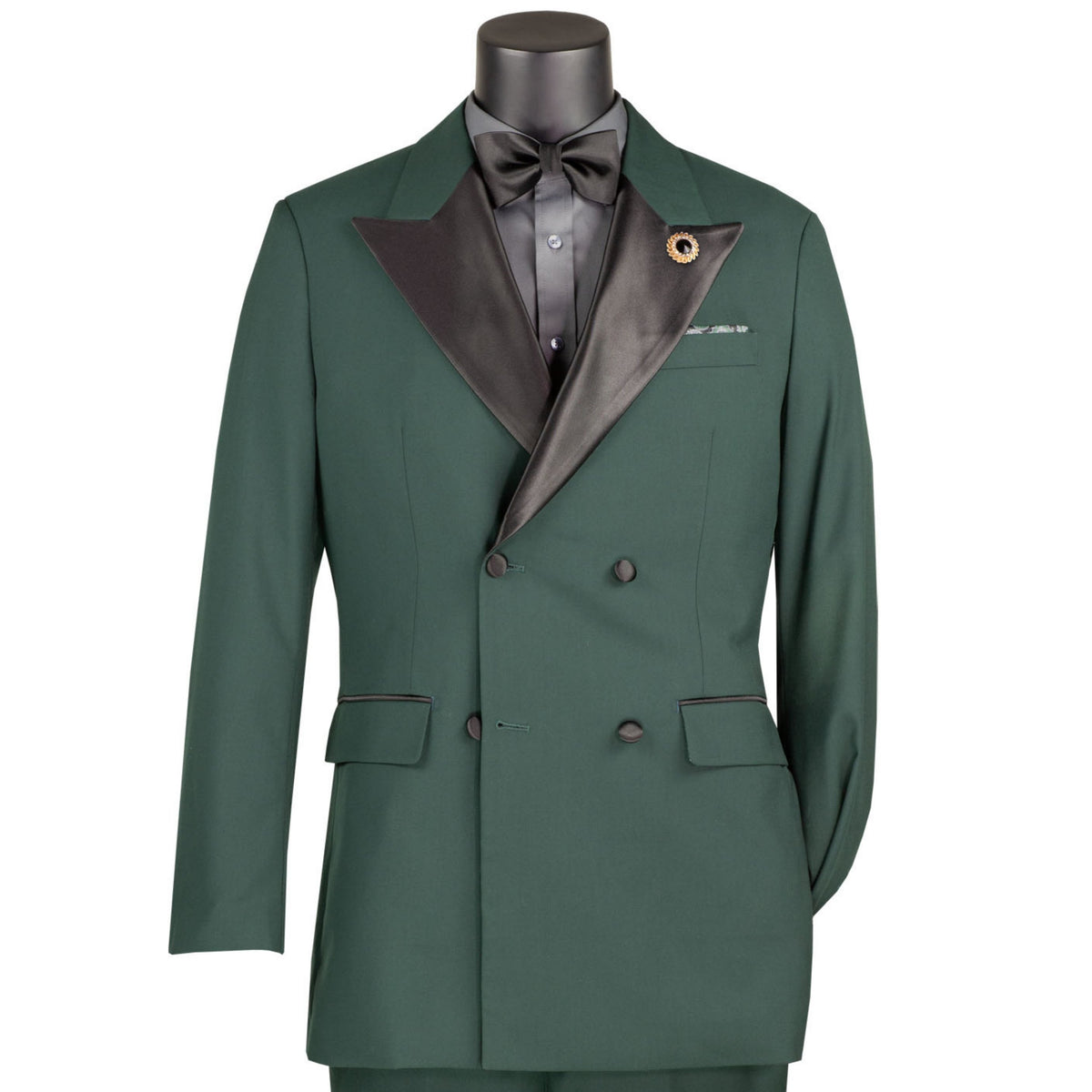 VINCI Men's Hunter Green Double Breasted Regular Fit Tuxedo with Flexible Waistband NEW. Features an oversized wide sateen peak lapel, premium fancy lining, built in pocket square, and flat front pants with flexible comfort waistband, sateen side stripe, and unfinished hems for custom tailoring. Includes a matching bow tie. A classic men's Hunter Green tuxedo for weddings, proms, galas, black tie events, and formal occasions. Available at Fashion House Inc. (FH Menswear, Style #TDB-900)