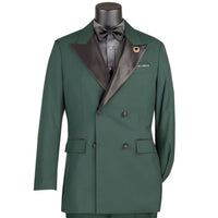 VINCI Men's Hunter Green Double Breasted Regular Fit Tuxedo with Flexible Waistband NEW. Features an oversized wide sateen peak lapel, premium fancy lining, built in pocket square, and flat front pants with flexible comfort waistband, sateen side stripe, and unfinished hems for custom tailoring. Includes a matching bow tie. A classic men's Hunter Green tuxedo for weddings, proms, galas, black tie events, and formal occasions. Available at Fashion House Inc. (FH Menswear, Style #TDB-900)
