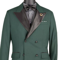 VINCI Men's Hunter Green Double Breasted Regular Fit Tuxedo with Flexible Waistband NEW. Features an oversized wide sateen peak lapel, premium fancy lining, built in pocket square, and flat front pants with flexible comfort waistband, sateen side stripe, and unfinished hems for custom tailoring. Includes a matching bow tie. A classic men's Hunter Green tuxedo for weddings, proms, galas, black tie events, and formal occasions. Available at Fashion House Inc. (FH Menswear, Style #TDB-900)