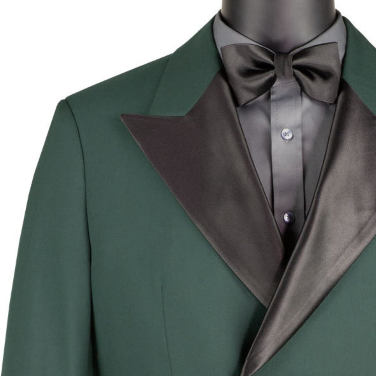VINCI Men's Hunter Green Double Breasted Regular Fit Tuxedo with Flexible Waistband NEW. Features an oversized wide sateen peak lapel, premium fancy lining, built in pocket square, and flat front pants with flexible comfort waistband, sateen side stripe, and unfinished hems for custom tailoring. Includes a matching bow tie. A classic men's Hunter Green tuxedo for weddings, proms, galas, black tie events, and formal occasions. Available at Fashion House Inc. (FH Menswear, Style #TDB-900)