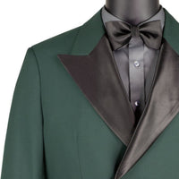 VINCI Men's Hunter Green Double Breasted Regular Fit Tuxedo with Flexible Waistband NEW. Features an oversized wide sateen peak lapel, premium fancy lining, built in pocket square, and flat front pants with flexible comfort waistband, sateen side stripe, and unfinished hems for custom tailoring. Includes a matching bow tie. A classic men's Hunter Green tuxedo for weddings, proms, galas, black tie events, and formal occasions. Available at Fashion House Inc. (FH Menswear, Style #TDB-900)