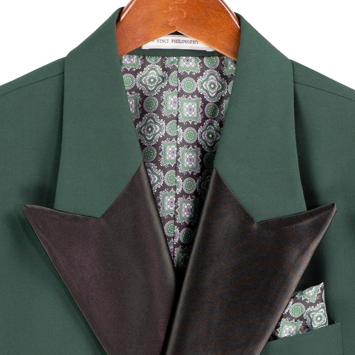 VINCI Men's Hunter Green Double Breasted Regular Fit Tuxedo with Flexible Waistband NEW. Features an oversized wide sateen peak lapel, premium fancy lining, built in pocket square, and flat front pants with flexible comfort waistband, sateen side stripe, and unfinished hems for custom tailoring. Includes a matching bow tie. A classic men's Hunter Green tuxedo for weddings, proms, galas, black tie events, and formal occasions. Available at Fashion House Inc. (FH Menswear, Style #TDB-900)