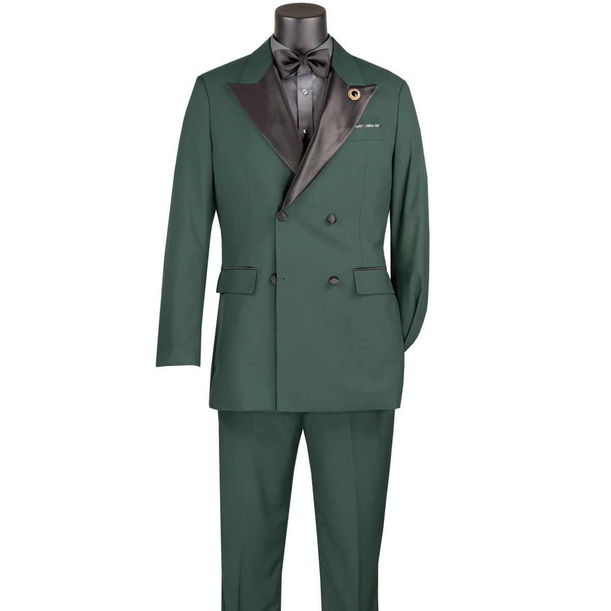 VINCI Men's Hunter Green Double Breasted Regular Fit Tuxedo with Flexible Waistband NEW. Features an oversized wide sateen peak lapel, premium fancy lining, built in pocket square, and flat front pants with flexible comfort waistband, sateen side stripe, and unfinished hems for custom tailoring. Includes a matching bow tie. A classic men's Hunter Green tuxedo for weddings, proms, galas, black tie events, and formal occasions. Available at Fashion House Inc. (FH Menswear, Style #TDB-900)