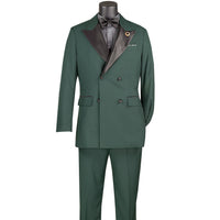 VINCI Men's Hunter Green Double Breasted Regular Fit Tuxedo with Flexible Waistband NEW. Features an oversized wide sateen peak lapel, premium fancy lining, built in pocket square, and flat front pants with flexible comfort waistband, sateen side stripe, and unfinished hems for custom tailoring. Includes a matching bow tie. A classic men's Hunter Green tuxedo for weddings, proms, galas, black tie events, and formal occasions. Available at Fashion House Inc. (FH Menswear, Style #TDB-900)
