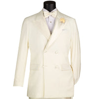VINCI Men's Ivory Double Breasted Regular Fit Tuxedo with Flexible Waistband NEW. Features an oversized wide sateen peak lapel, premium fancy lining, built in pocket square, and flat front pants with flexible comfort waistband, sateen side stripe, and unfinished hems for custom tailoring. Includes a matching bow tie. A classic men's Ivory tuxedo for weddings, proms, galas, black tie events, and formal occasions. Available at Fashion House Inc. (FH Menswear, Style #TDB-900)