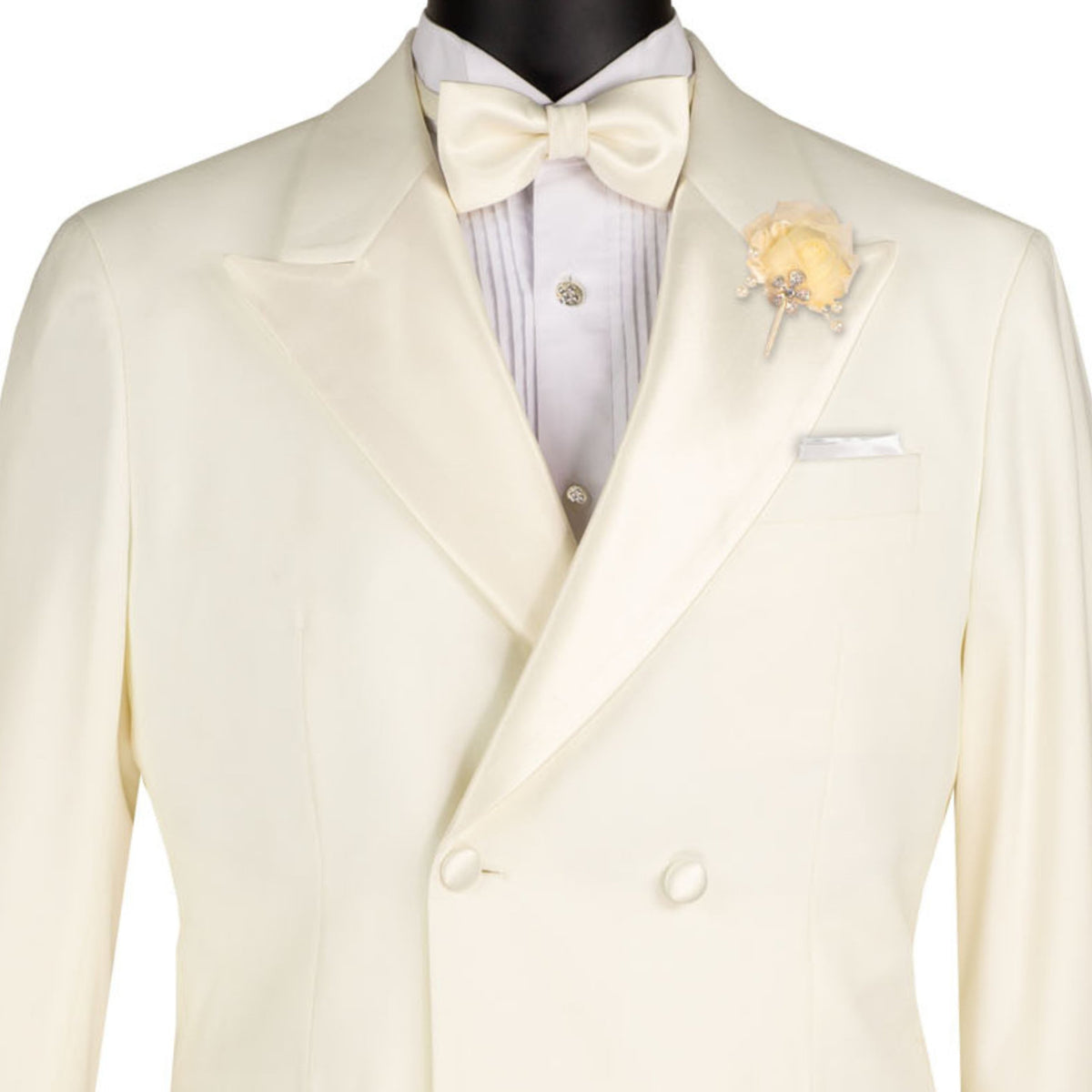 VINCI Men's Ivory Double Breasted Regular Fit Tuxedo with Flexible Waistband NEW. Features an oversized wide sateen peak lapel, premium fancy lining, built in pocket square, and flat front pants with flexible comfort waistband, sateen side stripe, and unfinished hems for custom tailoring. Includes a matching bow tie. A classic men's Ivory tuxedo for weddings, proms, galas, black tie events, and formal occasions. Available at Fashion House Inc. (FH Menswear, Style #TDB-900)