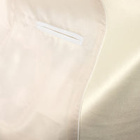 VINCI Men's Ivory Double Breasted Regular Fit Tuxedo with Flexible Waistband NEW. Features an oversized wide sateen peak lapel, premium fancy lining, built in pocket square, and flat front pants with flexible comfort waistband, sateen side stripe, and unfinished hems for custom tailoring. Includes a matching bow tie. A classic men's Ivory tuxedo for weddings, proms, galas, black tie events, and formal occasions. Available at Fashion House Inc. (FH Menswear, Style #TDB-900)