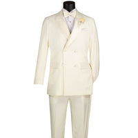 VINCI Men's Ivory Double Breasted Regular Fit Tuxedo with Flexible Waistband NEW. Features an oversized wide sateen peak lapel, premium fancy lining, built in pocket square, and flat front pants with flexible comfort waistband, sateen side stripe, and unfinished hems for custom tailoring. Includes a matching bow tie. A classic men's Ivory tuxedo for weddings, proms, galas, black tie events, and formal occasions. Available at Fashion House Inc. (FH Menswear, Style #TDB-900)