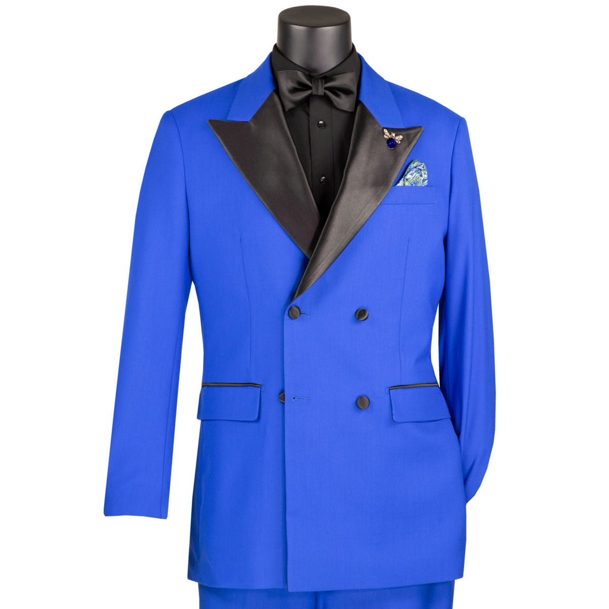 VINCI Men's Royal Blue Double Breasted Regular Fit Tuxedo with Flexible Waistband NEW. Features an oversized wide sateen peak lapel, premium fancy lining, built in pocket square, and flat front pants with flexible comfort waistband, sateen side stripe, and unfinished hems for custom tailoring. Includes a matching bow tie. A classic men's Royal Blue tuxedo for weddings, proms, galas, black tie events, and formal occasions. Available at Fashion House Inc. (FH Menswear, Style #TDB-900)