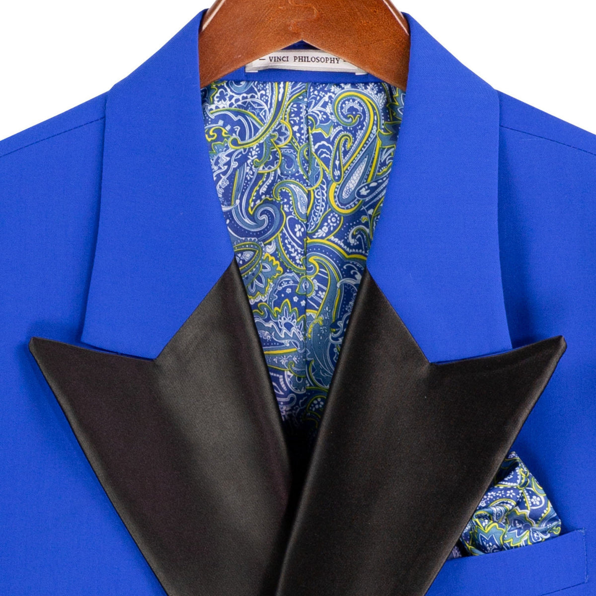 VINCI Men's Royal Blue Double Breasted Regular Fit Tuxedo with Flexible Waistband NEW. Features an oversized wide sateen peak lapel, premium fancy lining, built in pocket square, and flat front pants with flexible comfort waistband, sateen side stripe, and unfinished hems for custom tailoring. Includes a matching bow tie. A classic men's Royal Blue tuxedo for weddings, proms, galas, black tie events, and formal occasions. Available at Fashion House Inc. (FH Menswear, Style #TDB-900)
