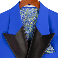VINCI Men's Royal Blue Double Breasted Regular Fit Tuxedo with Flexible Waistband NEW. Features an oversized wide sateen peak lapel, premium fancy lining, built in pocket square, and flat front pants with flexible comfort waistband, sateen side stripe, and unfinished hems for custom tailoring. Includes a matching bow tie. A classic men's Royal Blue tuxedo for weddings, proms, galas, black tie events, and formal occasions. Available at Fashion House Inc. (FH Menswear, Style #TDB-900)
